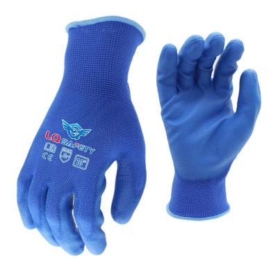 China Anti-Slip Custom Nylon 13G Glove With PU Coated Palm Blue PU Coated Gloves PU Safety Glove for sale