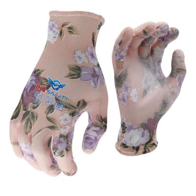 China Anti-Slip Garden Gloves Protective Gear 13G Polyester Printing PU Coated Gloves Safety Garden Work Gloves for sale