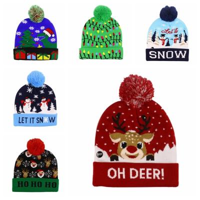 China Keeping Warm Low Price Sublimation Custom Plush Knitted Santa Beanie LED Light Christmas Hats Baby Christmas Hats With Light For Kid Adult for sale