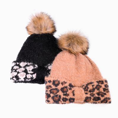 China Fashionable Picture Large Pompom Leopard Print Fitted Girls Winter Leopard Outdoor Hats for sale