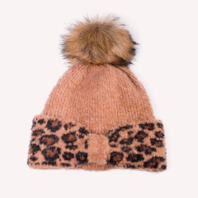 China Practical Acrylic Beanie Hats Other Winter Leopard Print Picture Pompom Large for sale