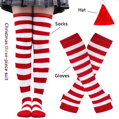 China Polyester 3 Pieces Set Christmas Halloween Beanies Santa Claus Cosplay Striped Hats Gloves Socks High Stockings for sale