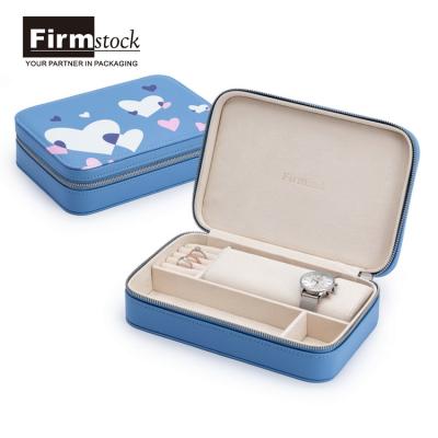 China Gift Personalized Blue Leather Travel Zippered Jewelry Box Customized Leather With Zipper for sale