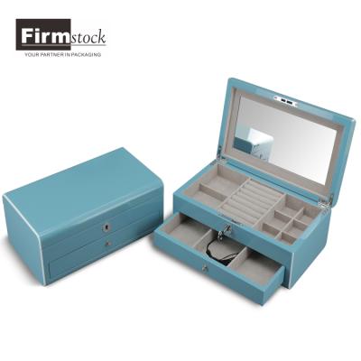 China Blue White Trim Shiny Wooden MDF Jewelry Box With Drawer Many Compartment And Lock And Mirror for sale