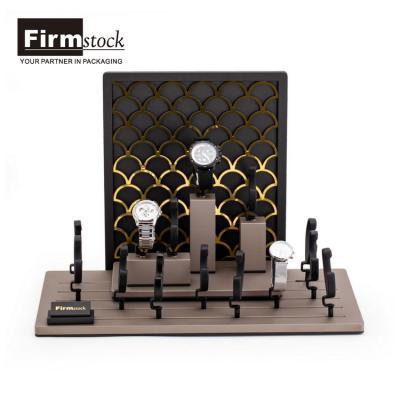 China MDF Case Smart Display Tray Acrylic Rack Wrist Luxury Leather Watch Display Stand Wooden Counter for sale