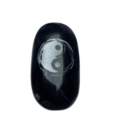 China China Wholesale Natural Crystal Hand Carved Crafts Obsidian Palm Stone Engraved Word Stones for sale