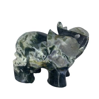 China China Wholesale Natural Hand Carved Moss Agate Crystal Elephant For Home Decoration for sale