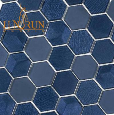 China Blue Colored Glass Parquet Hexagon Mosaic Wall Slabs for sale