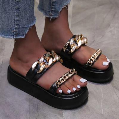 China Flip Flops Women Open-toed Slippers New Fashion Trend Summer Chiffon Platform Korea Metal Personality Chained for sale