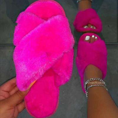 China Hot Selling Fashion Trend Ins Furry Flat Slippers Ladies Fashion Autumn Winter Flat Toe Fur Slides Women Open for sale