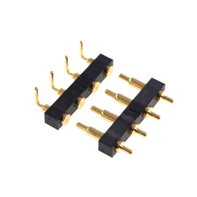 China Intelligent Electronics Power Load Data Transmission Contact Protection Female And Male Spring Loaded Pogo Pin Connector 4 Position 4.0 Mm Pitch Through Holes PCB Right Angle Modular Header for sale