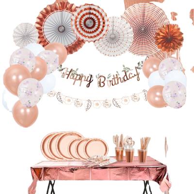 China Foil Rose Gold Tableware Birthday Party Set Happy Birthday Banner Fan Garland Background Decoration For Wedding Paper Party for sale