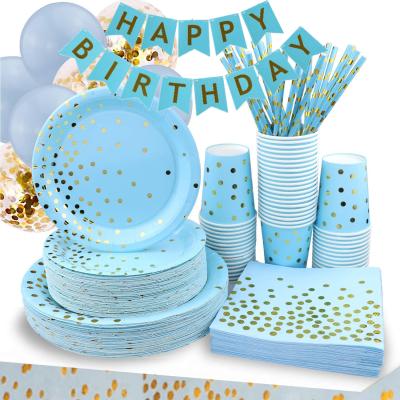 China Blue Themed Tableware Set Dinner Plate Sippy Cup Happy Birthday Banner Birthday Party Paper Decorations for sale