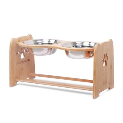 China 100% New Products Eco-friendly Hot Selling Bamboo Pet Feeder Double Dish Wooden and Bamboo Feeding Feeders for sale