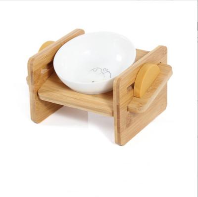 China Cat Bowl Wooden Pet Feeder Sustainable Overhead Pet Feeding Rack for sale