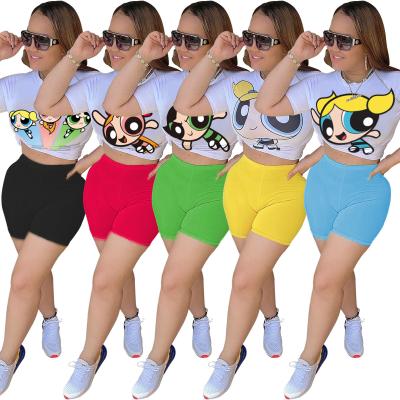 China 2020 Summer Women's Clothing Cartoon Printing Breathable T-shirt And Shorts Two Piece Outfit 2 Piece Short Set for sale