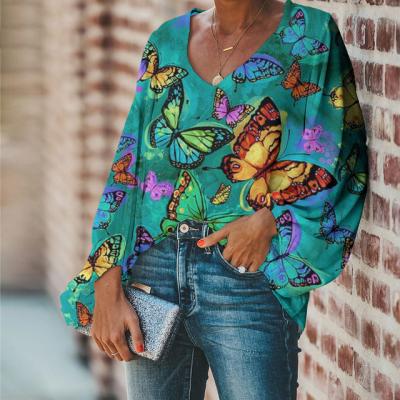 China Buttterfiles Design Women Summer Fashion Outdoor Soft Breathable Chiffon Vintage Casual Blouse Tops Female for sale