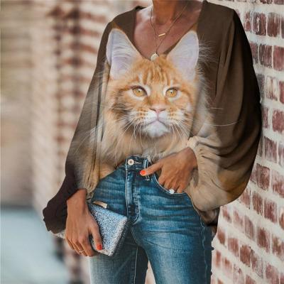 China Casual Kawaii Maine Coon Cat Print Blouse 2021 Plus Size Breathable Long Sleeve Loose Shirt Tops V Neck Women Clothing for sale