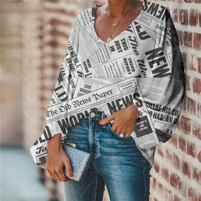 China Harajuku Novelty Newspaper Pattern V-Neck Blouse Long Sleeve Breathable Casual Loose Feminine Ladies Soft Comfortale Shirt for sale