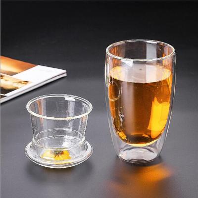 China Art Decor Wholesale Coffee Heat Resistant Glass Mugs Double Wall Clear Glass Mug with Infuser and Lid for sale