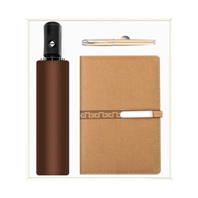 China Luxury Promotional Customized Leather Notebook Pen Automatic Umbrella Travel Gift Black Logo PU Ink A5 Set A5 for sale