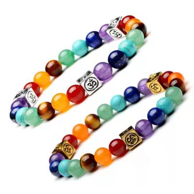 China Other Energy Wholesale Square Stone Reiki Yoga OM Alloy Colorful Natural Stone 7 Chakra Bracelet for sale