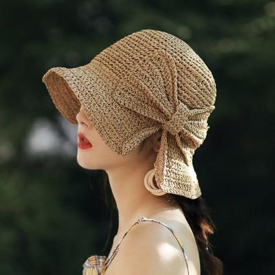 China Parent-child 100% Foldable Rolled Wide Brim Summer Floppy Hats For Women Beach Panama Straw Dome Bucket Hat Shade Hat With Bow for sale