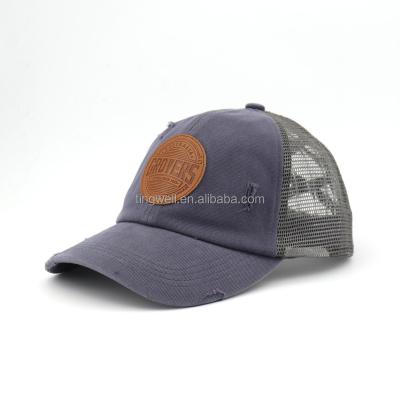 China COMMON Logo Distressed Mesh Trucker Hat Custom Leather Patch Hat for sale