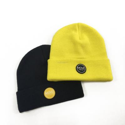 China JOINT Kids Knit Yellow Skull Knit Beanie Hat With PVC Silicone Logo for sale