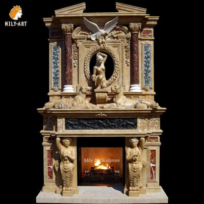 China Modern Indoor Custom Luxury Large Double Beige Decorations European Marble Fireplace Overmantel With Ndue Lady Statue For Manor for sale