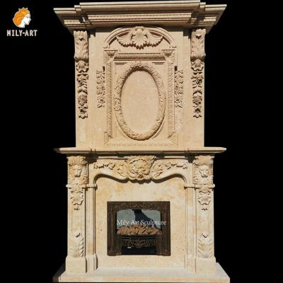 China Custom Large Modern Luxury Home Decor Overmantel Double Marble Fireplace Beige Mantel With Lion Head For Villa for sale