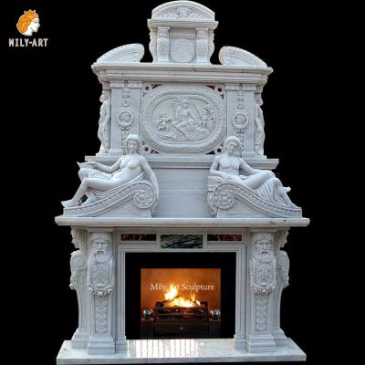 China Large Modern Customized Luxury Natural Stone Hand Carved White Marble Overmantel Double Fireplaces With Statue For Villa for sale