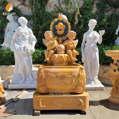 China Classic Outdoor Garden Pair Angel Statue Waterfall Wall Marble Stone Beige Water Fountain for sale