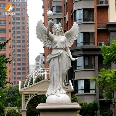 China Large EUROPEAN Outdoor Garden Hand Carved Natural Stone Wings Carve White Marble Angel Statue for sale