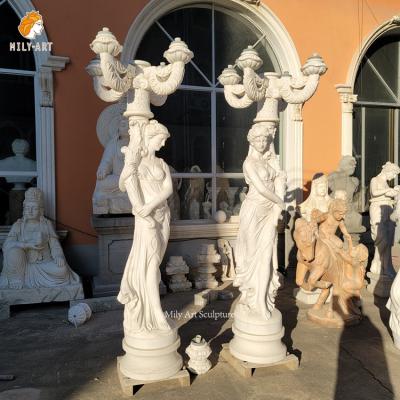 China EUROPEAN Outdoor Life Size Antique Woman Carved Stone Lady Carved Marble Lamp Sculpture for sale