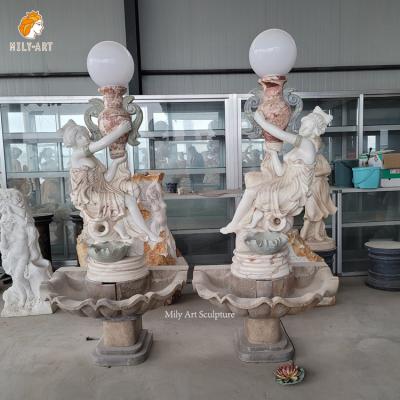 China EUROPEAN Outdoor Garden Stone Lamp Carve Western Marble Figure Woman Light Sculpture Fountain for sale