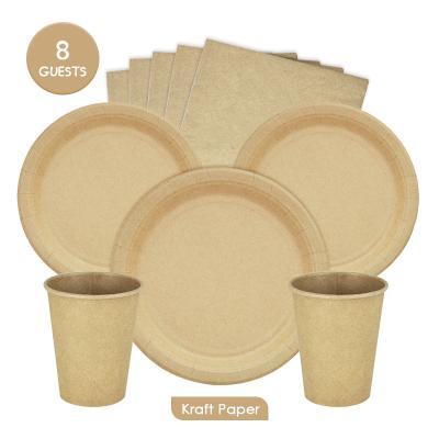 China 8guests Disposable Kraft Paper Dishes Cups Towels Bowls Napkins Honeycomb Paper Eco-Friendly Straws For Adults Birthday Decor Set Cloth for sale