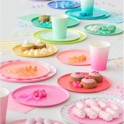 China Paper Dessert Dish Dish Paper Cup Set Solid Color Disposable Tableware Eco-Friendly For Birthday Party Supplies for sale