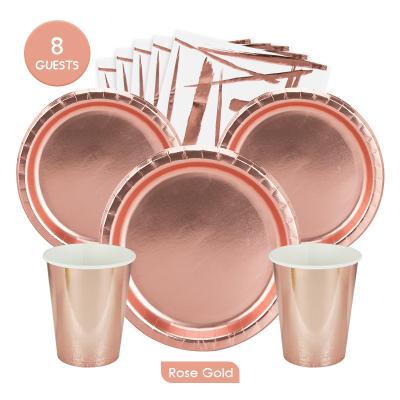 China 2021 New Gold Kids Birthday Party Supplies Adult Guests Decoration 8 Disposable Tableware RTS Paper Pack Set Rosegold for sale