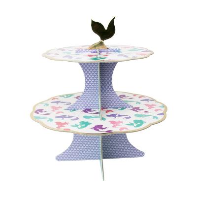 China 607008 1pcs Mermaid 2 Tier Paper Cup Cake Stand Birthday Party Decoration Disposable Eco-friendly Dessert Tray For Wedding for sale