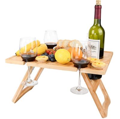 China Sustainable Factory Price of Bamboo Folding Picnic Table with Wine Rack and Wine Glass Holder for sale