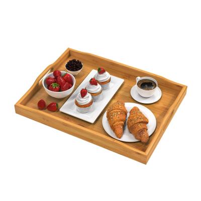 China Kitchen Sustainable Bamboo Serving Dish Tray Cheese Charcuterie Decorative Bathroom Eco-Friendly Natural Wooden Bamboo Tray for sale