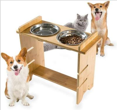 China Wholesale Sustainable Natural Bamboo Water Feeder Adjustable Pet Food Holder With 2 Bowls for sale