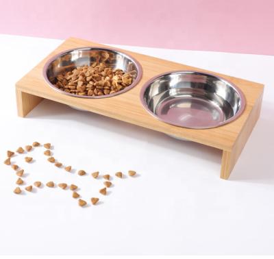 China Sustainable Wholesale Popular Bamboo Pet Feeder Raised Rack With Different Bowls For Food for sale