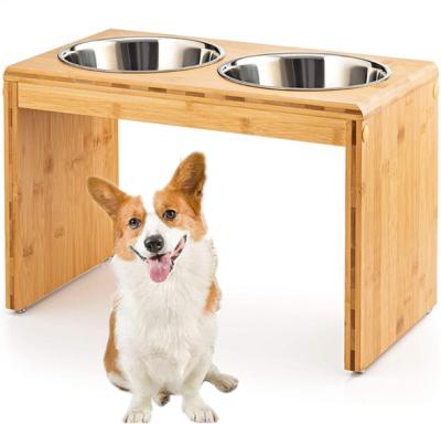 China Sustainable Hot Selling Elevated Large Bamboo Pet Rack Feeder Food And Water Bowls Slanted Feeding Rack Bowl Rack for sale