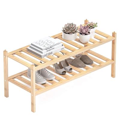 China (Other) Adjustable Bamboo Stackable Shoe Rack 2-Tier Shoe Shelf Storage Organizer for Closet Entry Hallway Bathroom for sale