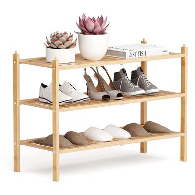 China (Other) Adjustable Bamboo Stackable Shoe Rack 3-Tier Shoe Shelf Storage Organizer for Closet Entry Hallway Bathroom for sale