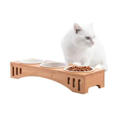 China Sustainable Wholesale Pet Food&Water Rack Feeder Raised Bowls And Bamboo Pet Feeders With Two Ceramic Pet Bowl for sale