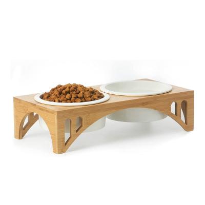 China Sustainable Pet Cat Dog Food Drinking Water Double Rolls Bamboo Wooden Dog Cat Pet Feeder Stand for sale