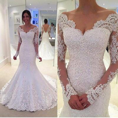 China Anti-Static Mermaid Backless Wedding Dresses Small V neck With Long Sleeves Lace Applique Wedding Gown for sale